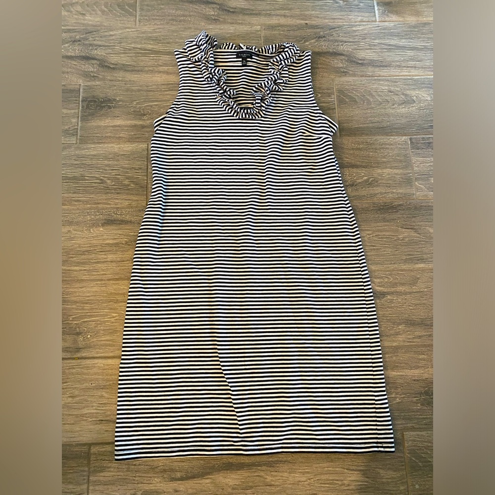 TALBOTS black white Striped Casual Dress Womens Sz MP Sleeveless ruffle neckline